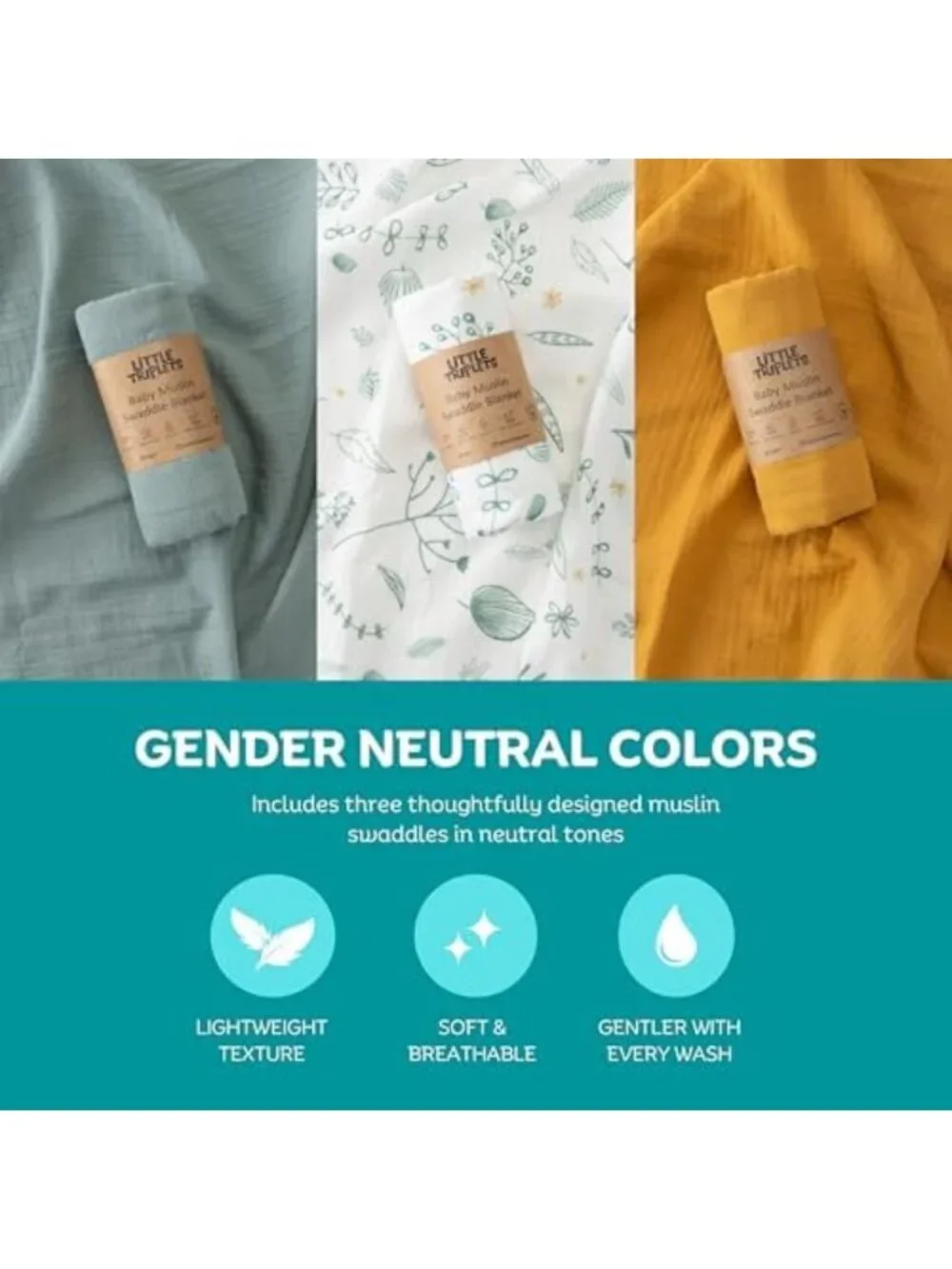 Soft Cotton Muslin Swaddle Blankets for Newborns, 3 Pack, Large 43x35